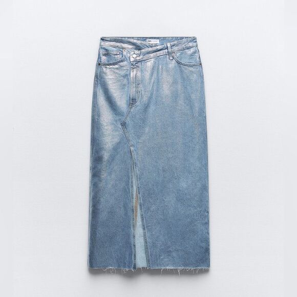ZARA TRF METALLIC DENIM ASYMMETRIC SKIRT NWT - Picture 5 of 16